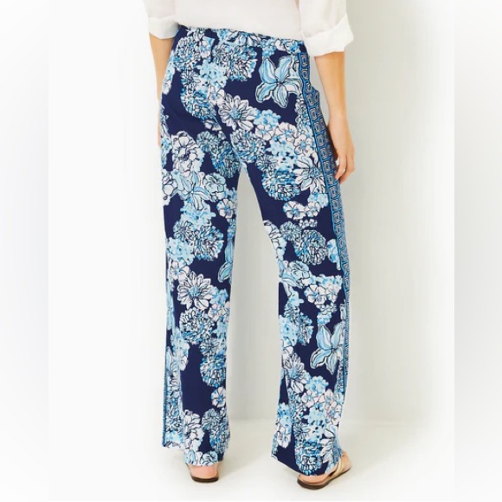 Lilly Pulitzer Bal Harbour Palazzo Pants XL Low Tide Navy Bouquet Wide Leg 32” - Picture 2 of 14